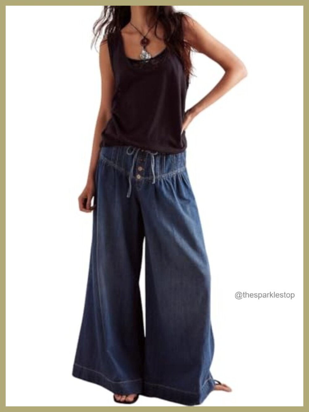 Women's Y2K Pleated Baggy Wide Leg Jeans Elastic Waist Drawstring Palazzo